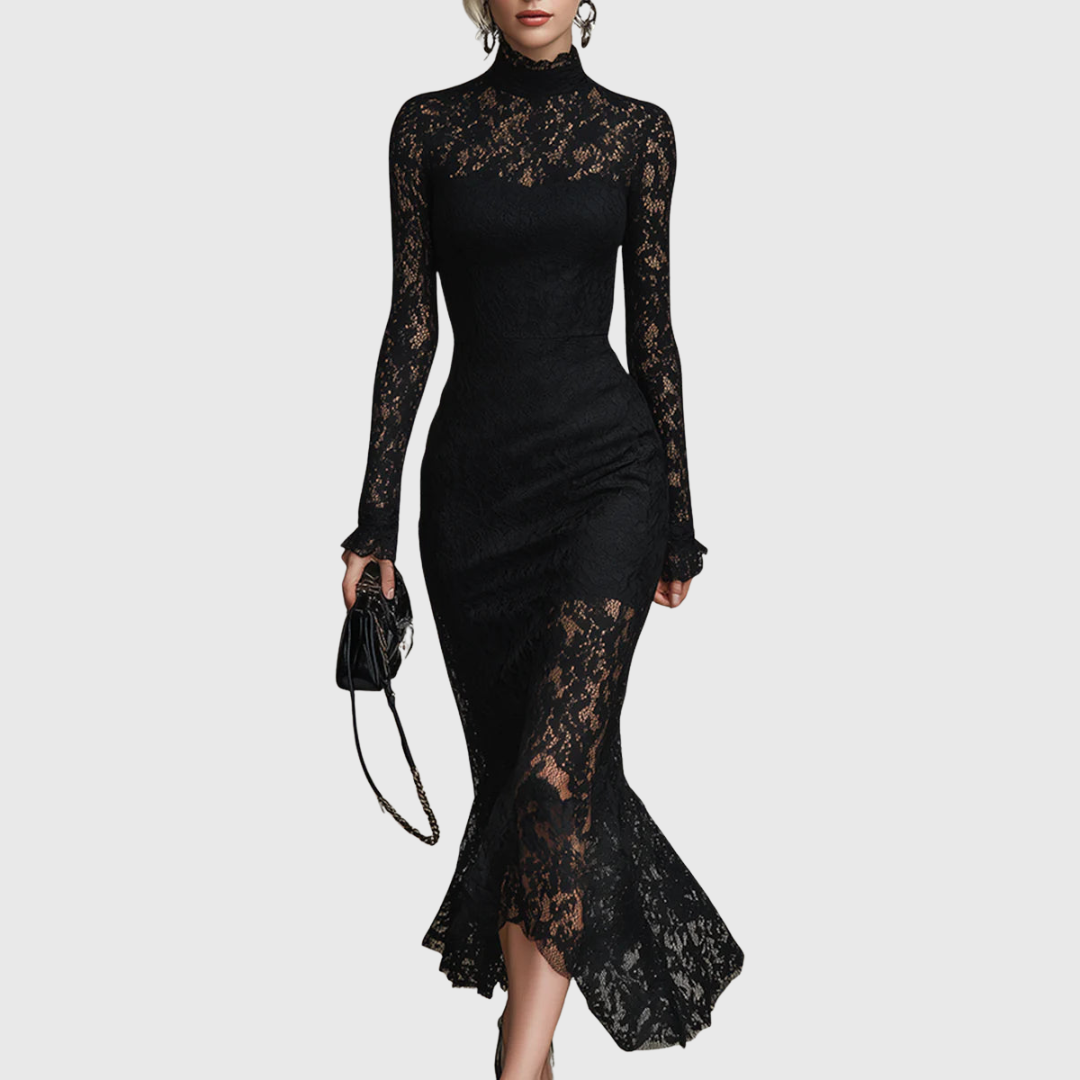 Monica Elegant Lace Fishtail Maxi Dress with flared romantic hemline