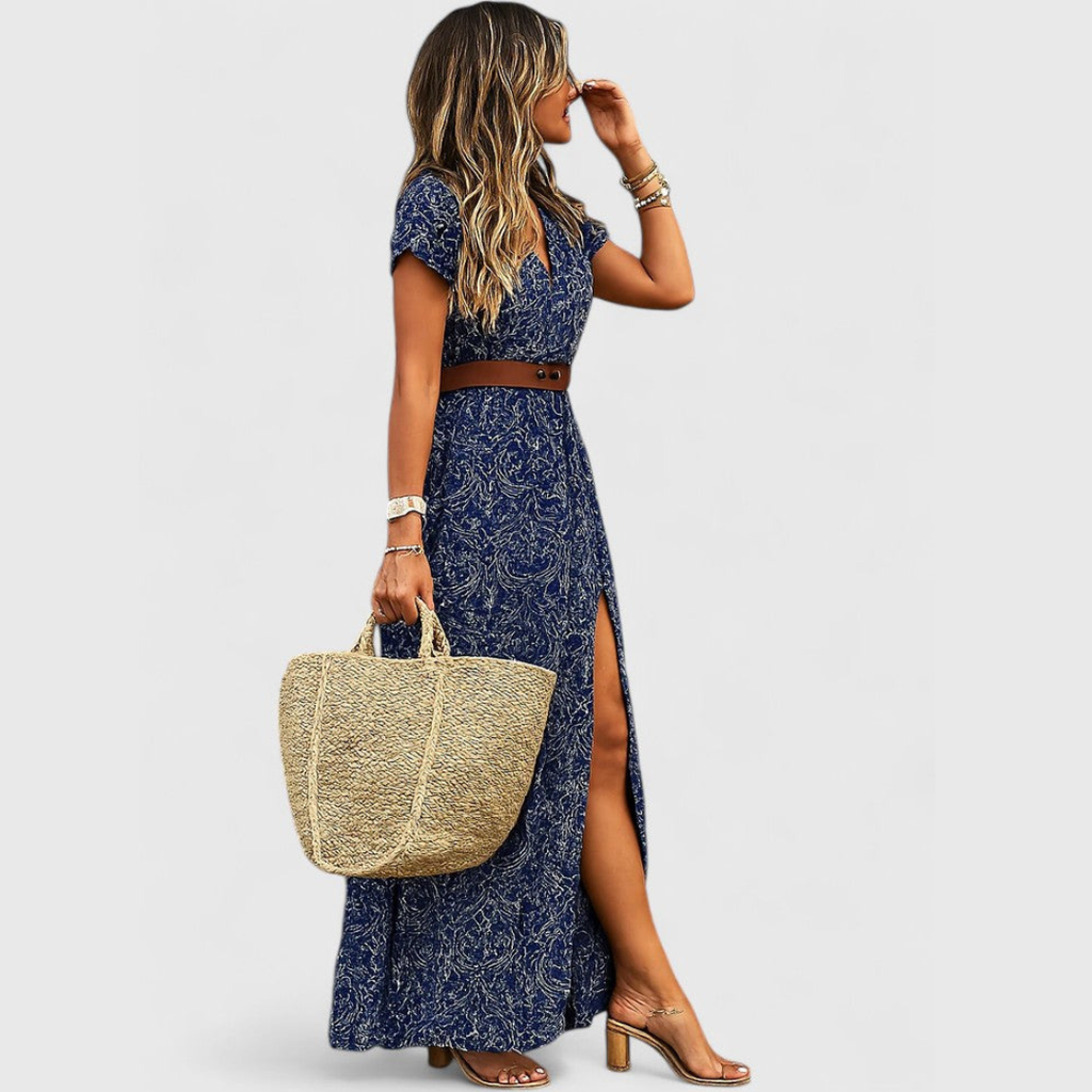 Caroline women elegant boho maxi dress with smocked waist and printed fabric