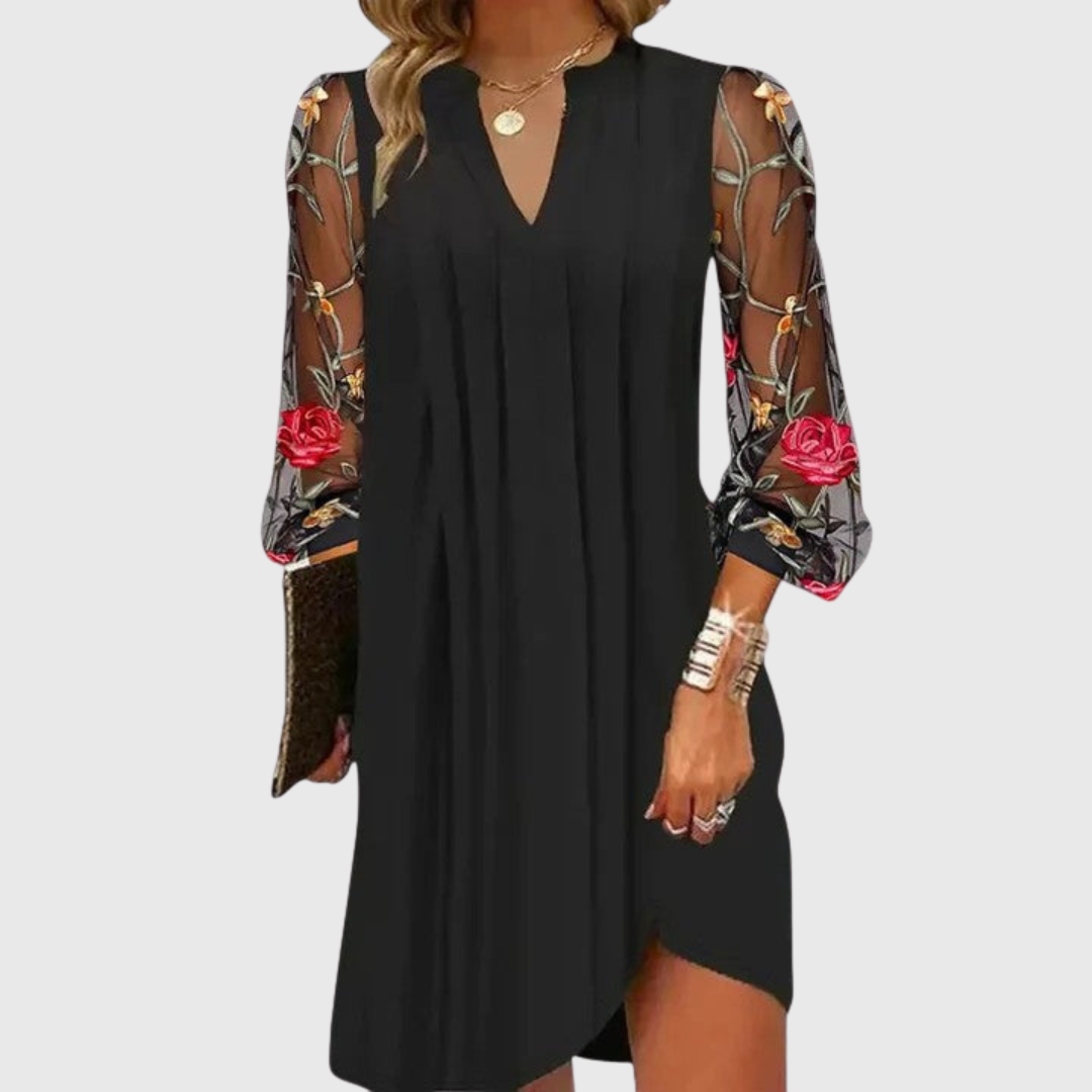 Sophie Sophisticated Sheer Sleeve Mini Dress with V-neckline and sheer sleeves