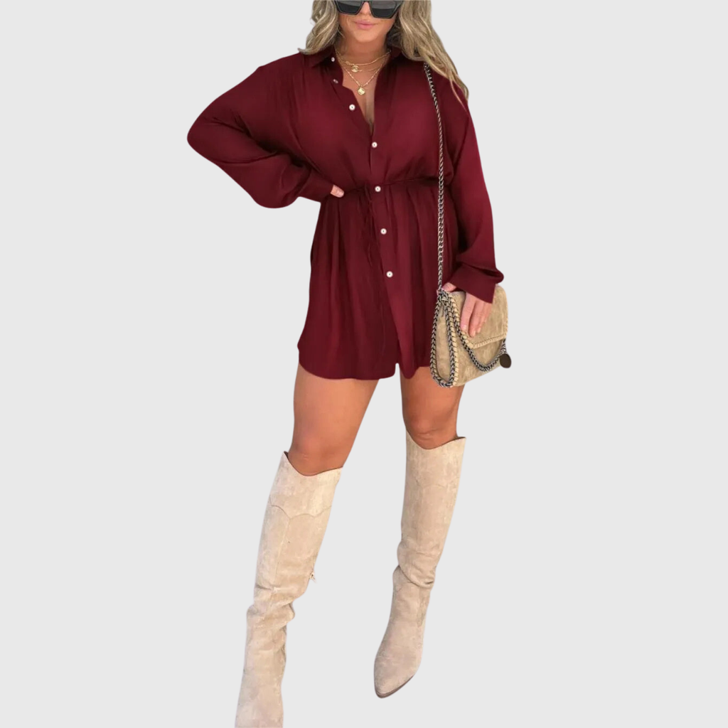Sylvie Elegant Playsuit Dress showing chic exterior dress cut with built-in inner shorts