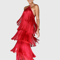 Saddie women halter fringe party dress with open back and tiered fringe