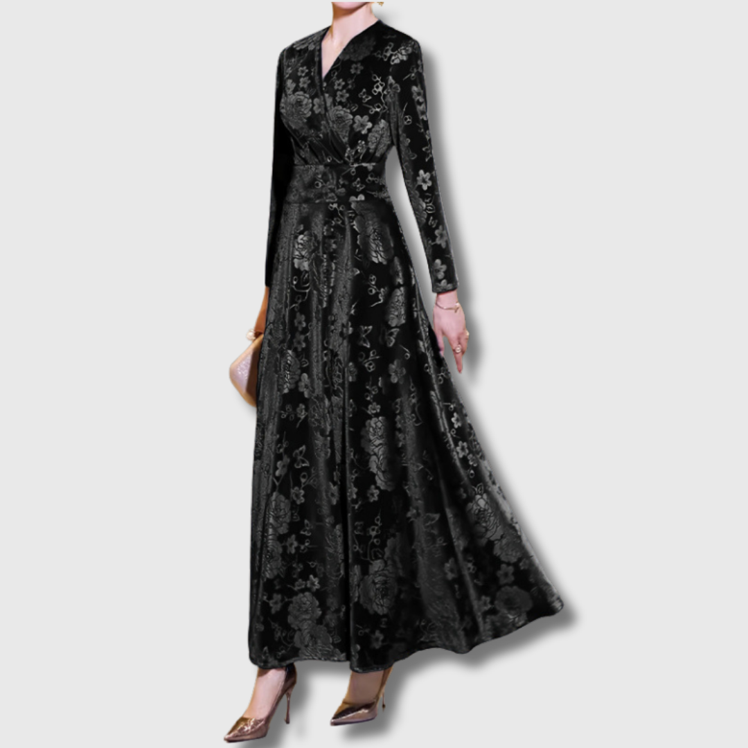 Meghan women gold jacquard floral party dress with side pockets