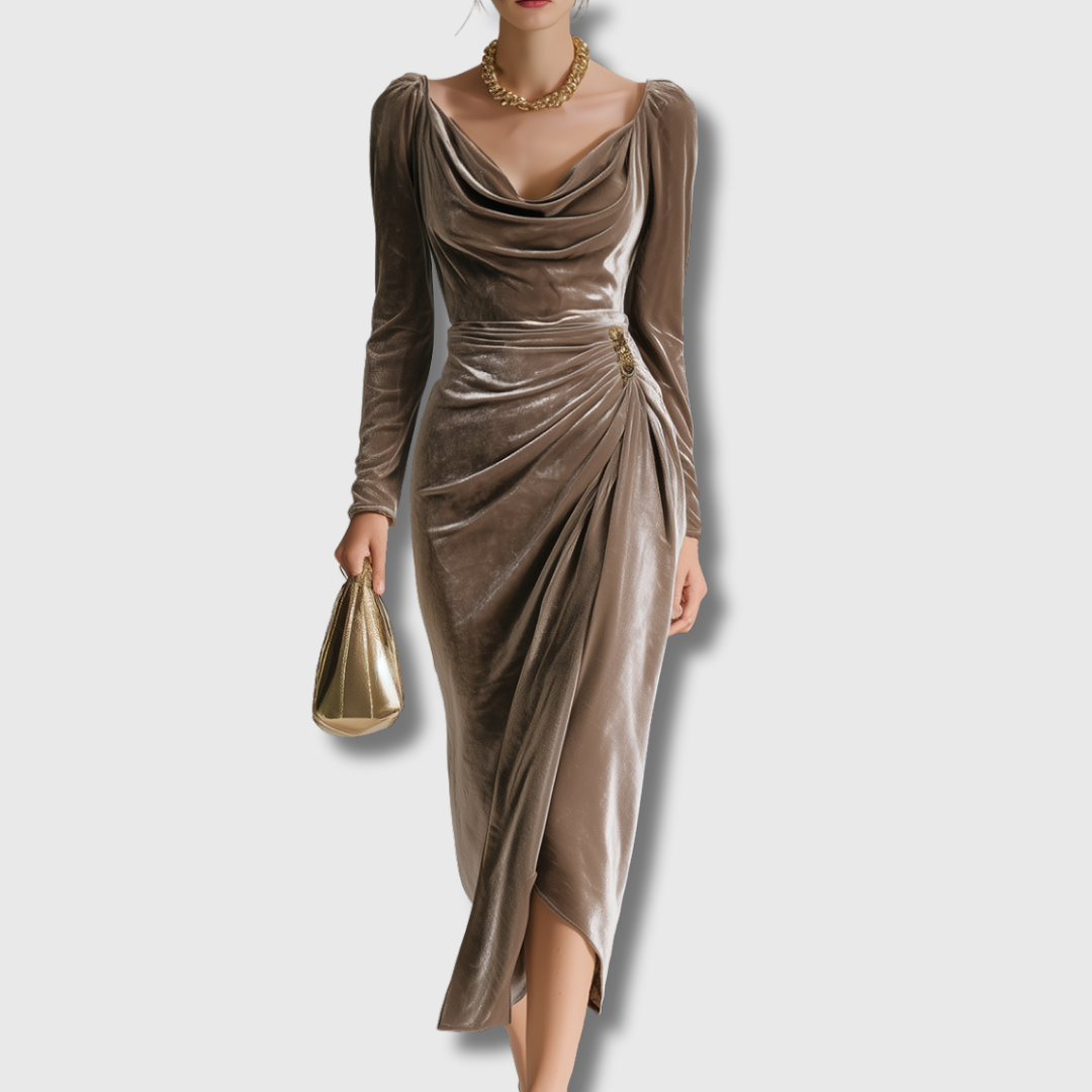 Sylvana Elegant Velvet Midi Dress side profile silhouette view
