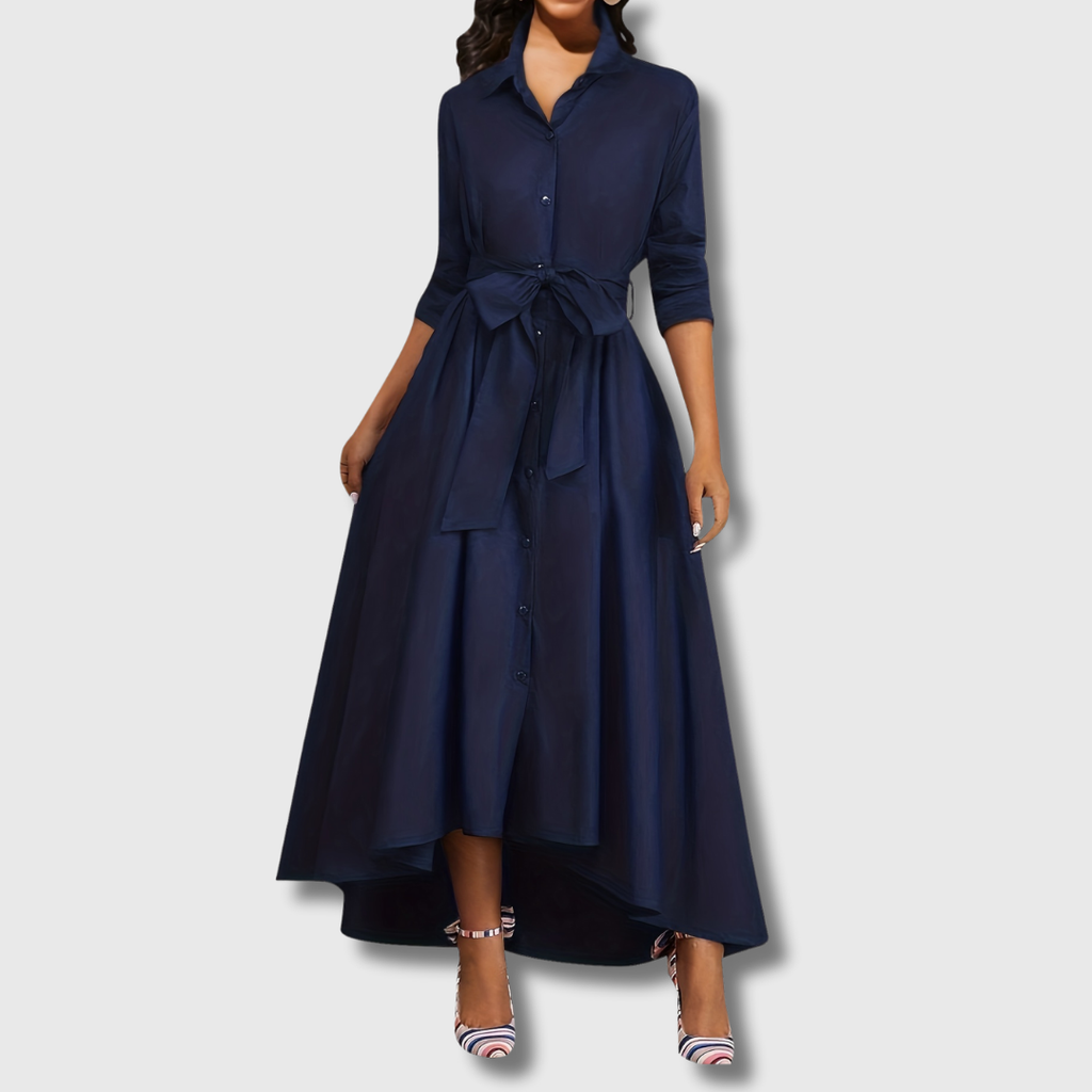 Marianne Button-Front Holiday Maxi Dress with belted waist and button details