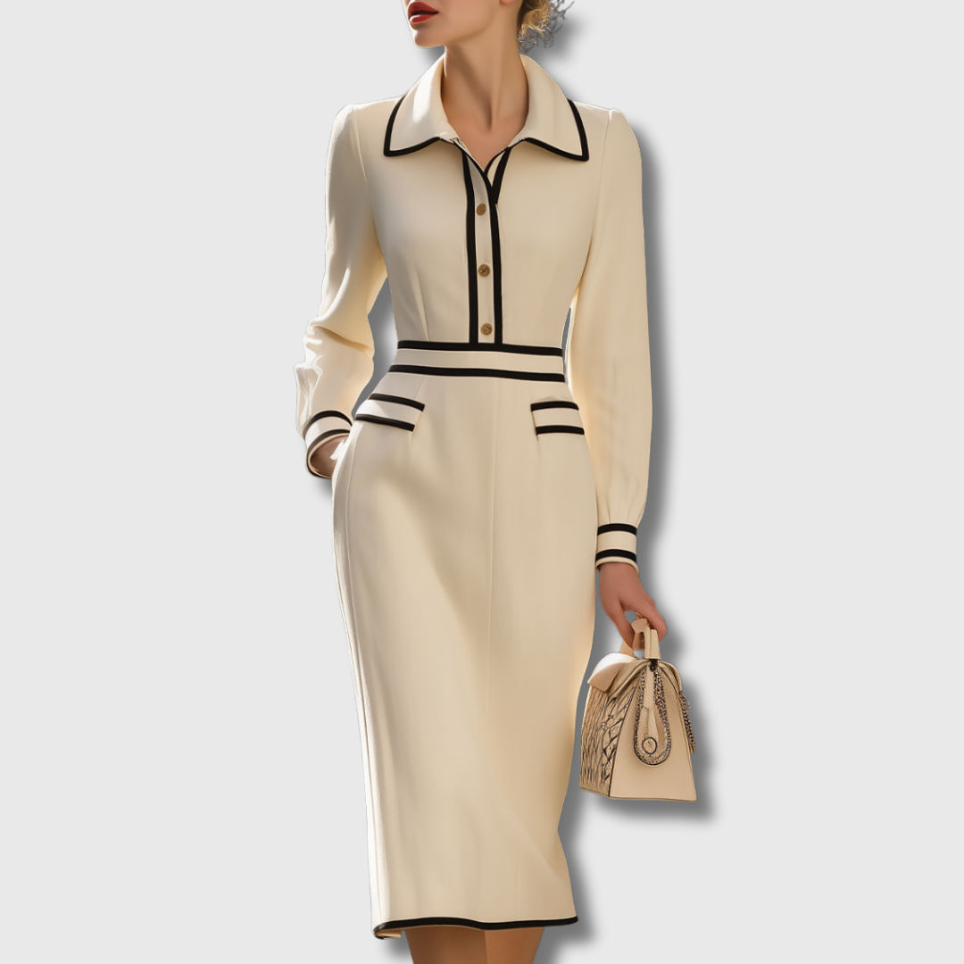 Magidan women contrast-trim button midi dress with hour-glass tailoring