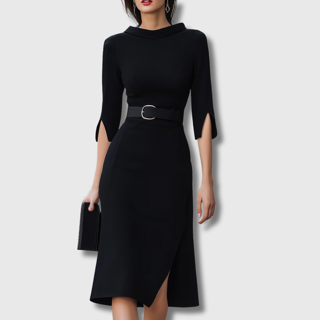 Kennedy Black Midi Dress with waist-defining belt and side slit