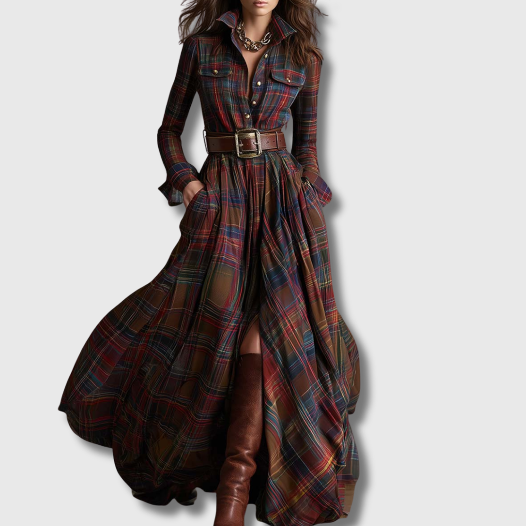 Emma Mireline Classic Belted Shirt Dress in subtle plaid design