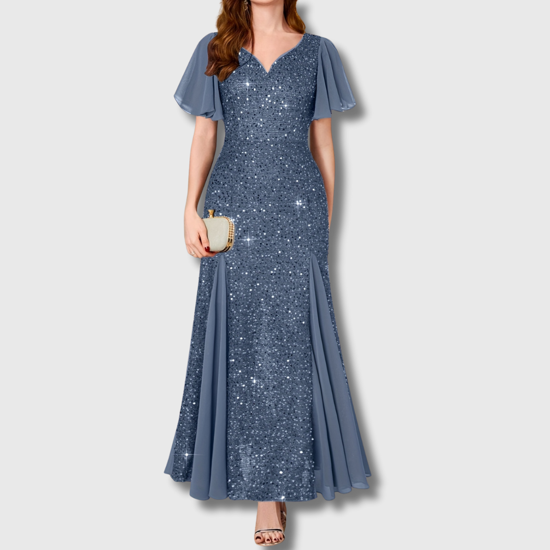 Eleanor women flutter sleeve shimmer holiday dress for winter celebrations