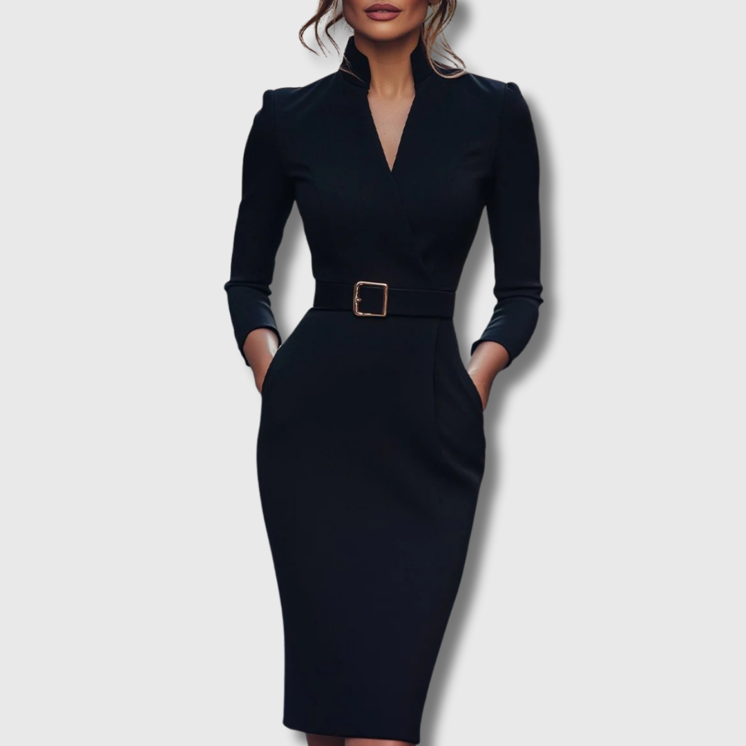 Estelle Belted Power Maxi Dress with mandarin collar and adjustable waist belt