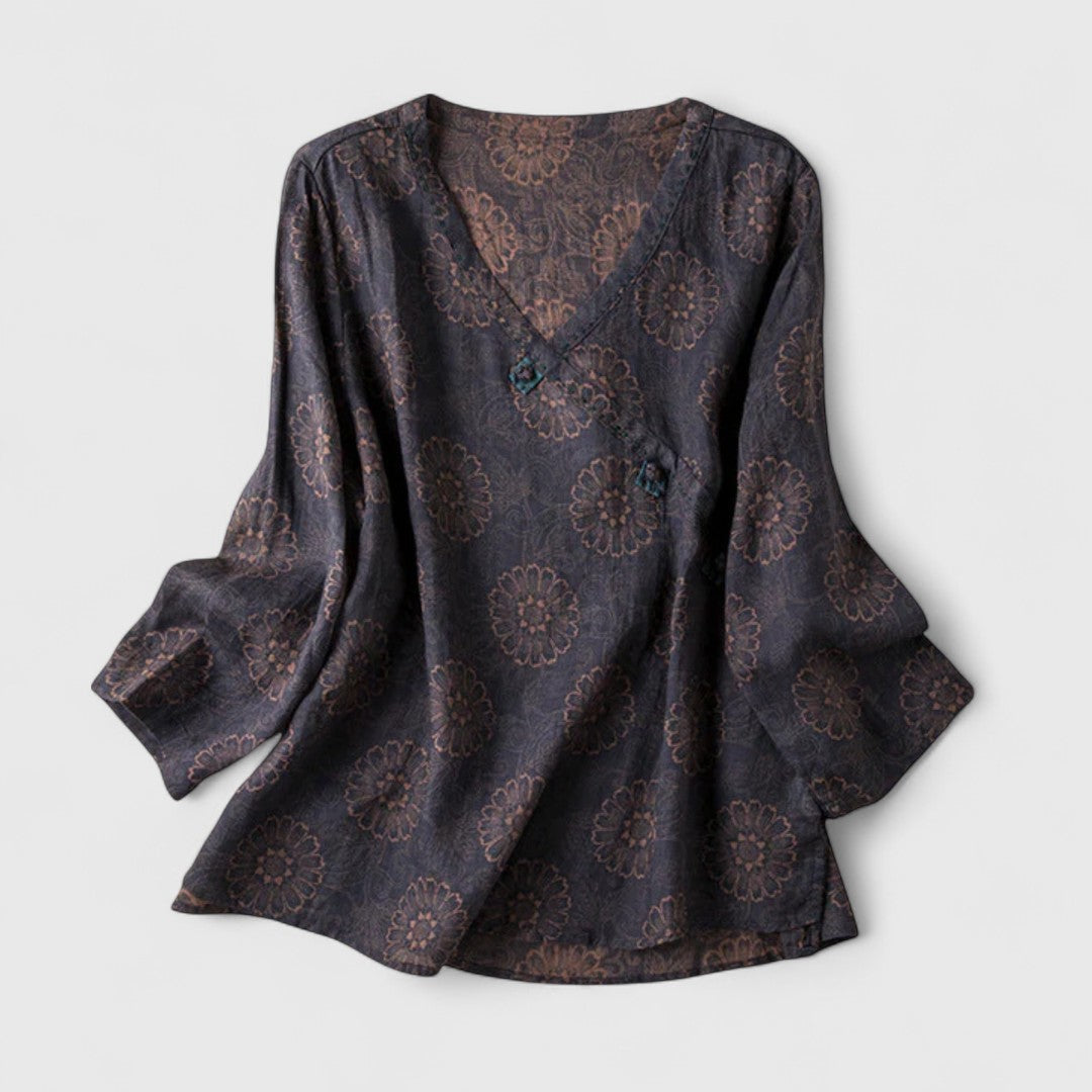 Clémence - Botanical Embroidered Roll-Tab Blouse