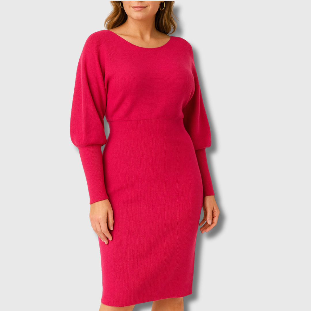 Olivia women blouson knit midi dress with cinched waist and stretch knit