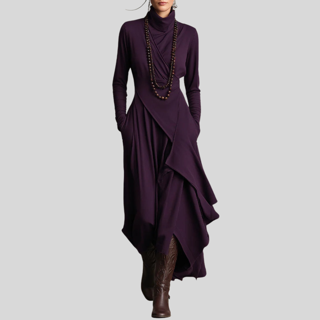 Evelyn women asymmetrical high neck maxi dress with fluid drape