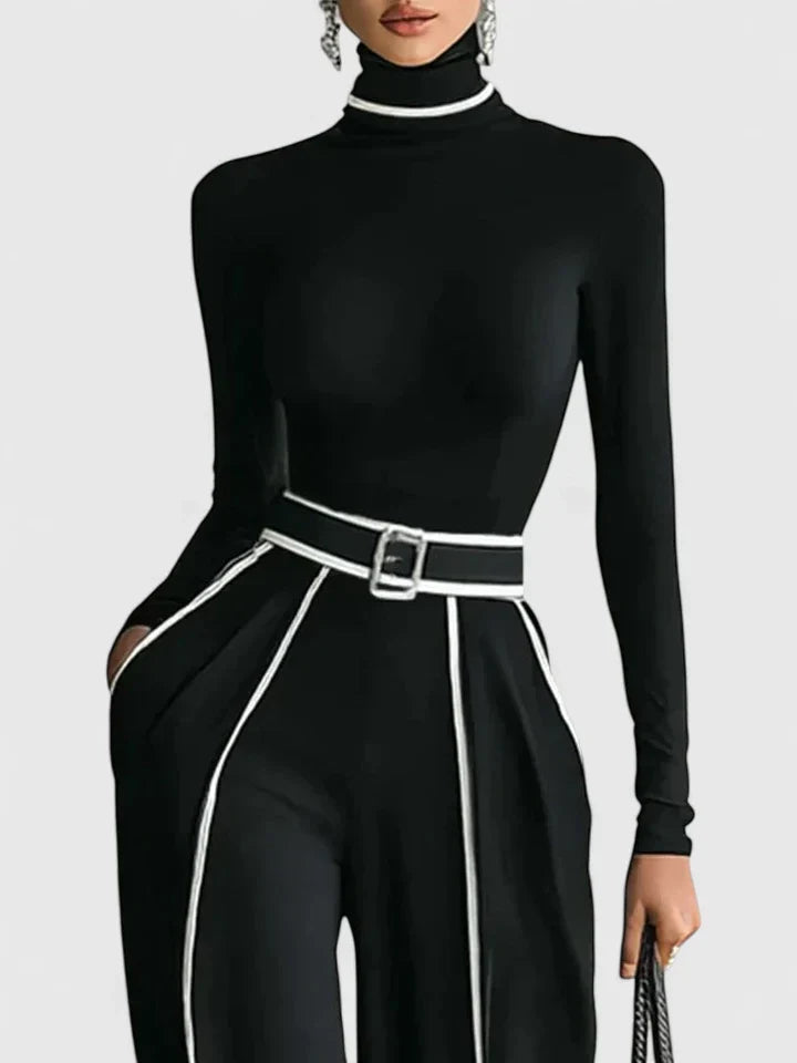 Jayzhera elegant turtleneck top with contrast trim and wide trousers