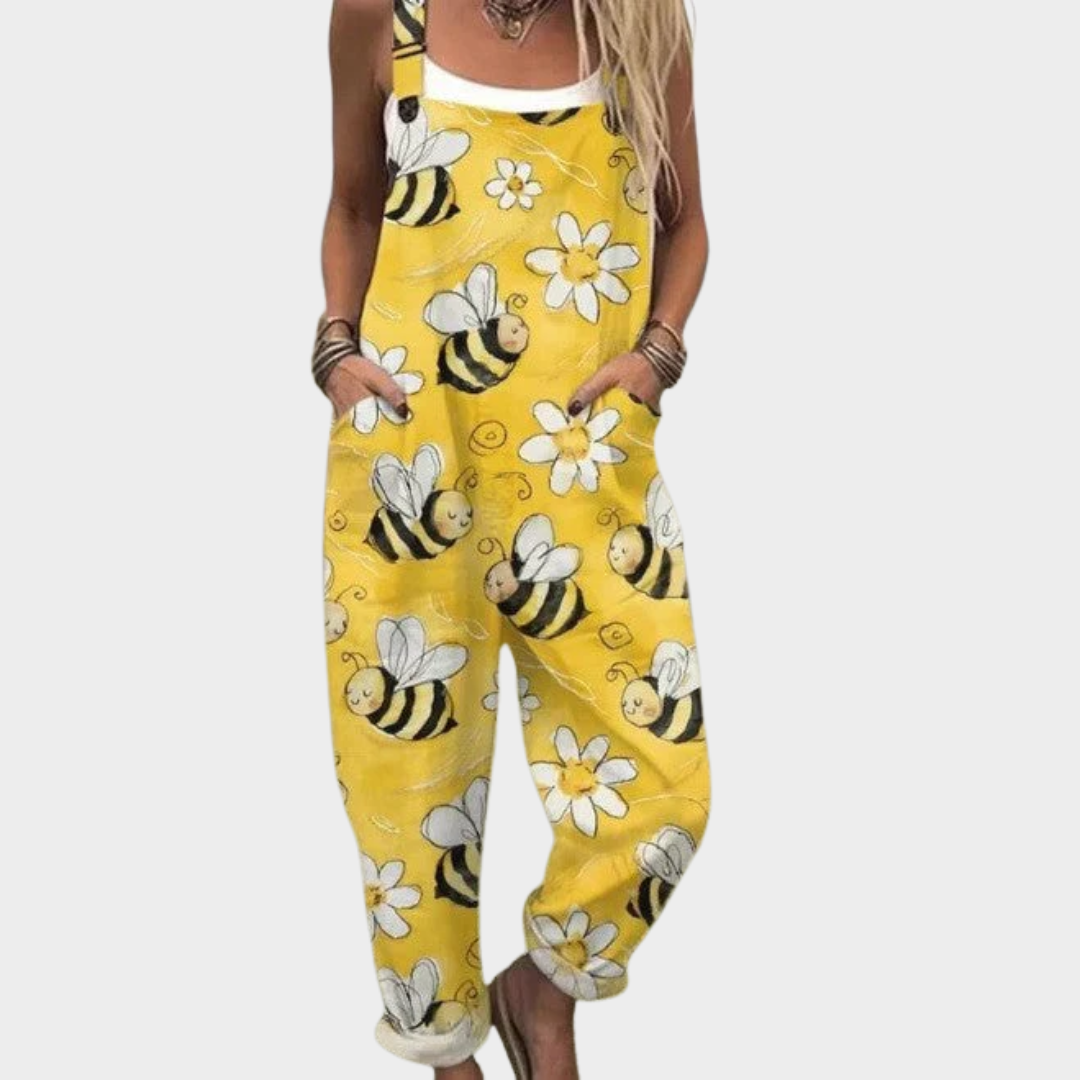 Solene sunny yellow overalls with white flower and bee print