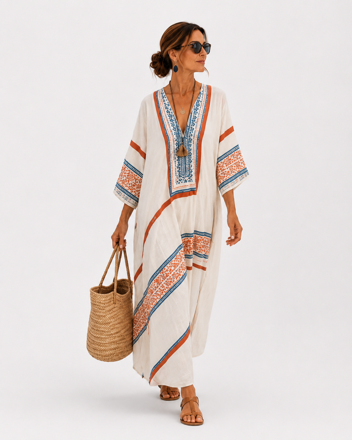 Amira long white caftan with Mediterranean ethnic detailing