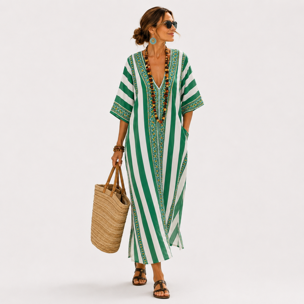 Zoe long fluid caftan with vertical green stripes