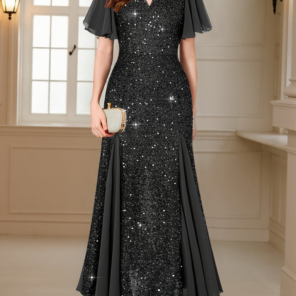 Eleanor Flutter-Sleeve Shimmer Holiday Dress