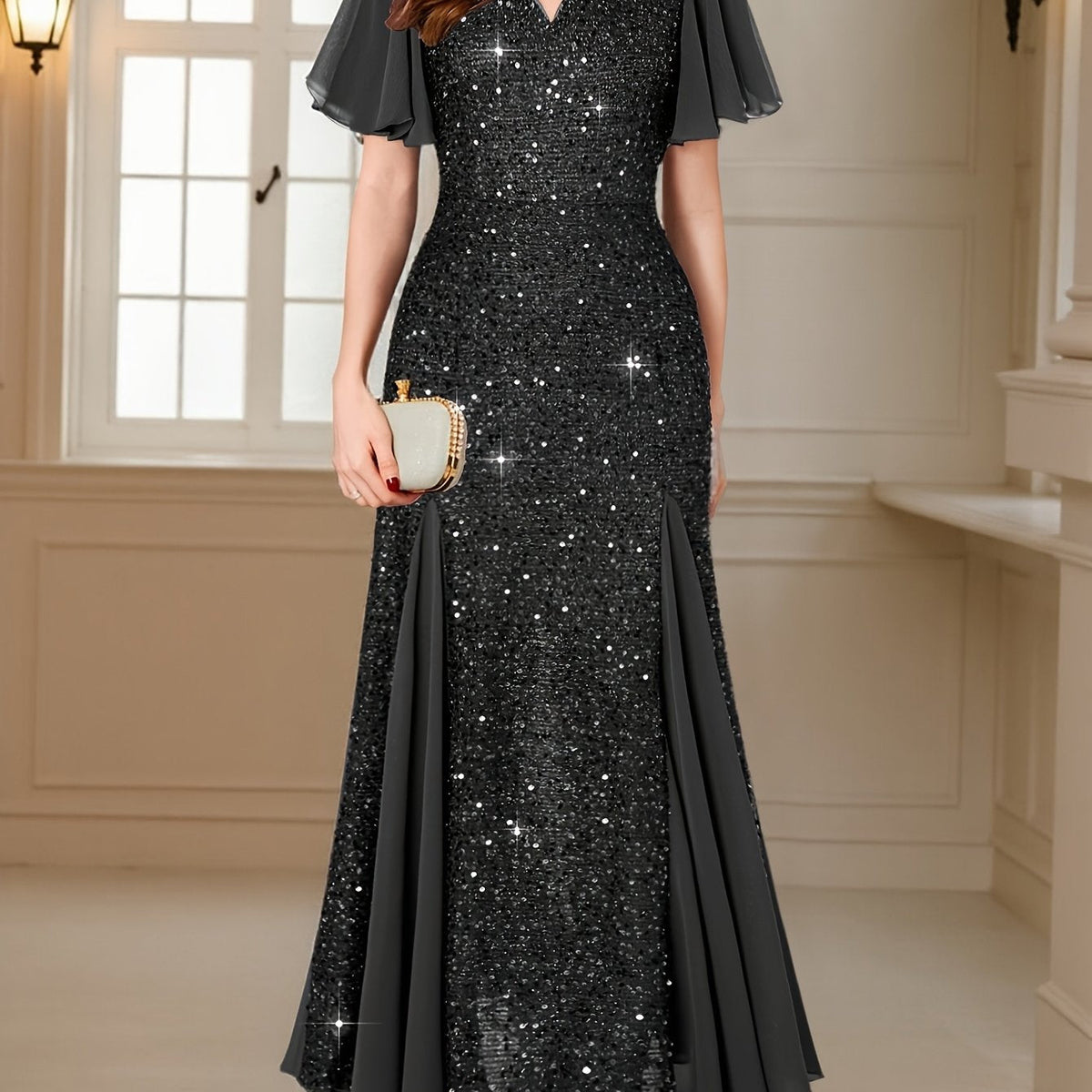 Eleanor Flutter-Sleeve Shimmer Holiday Dress