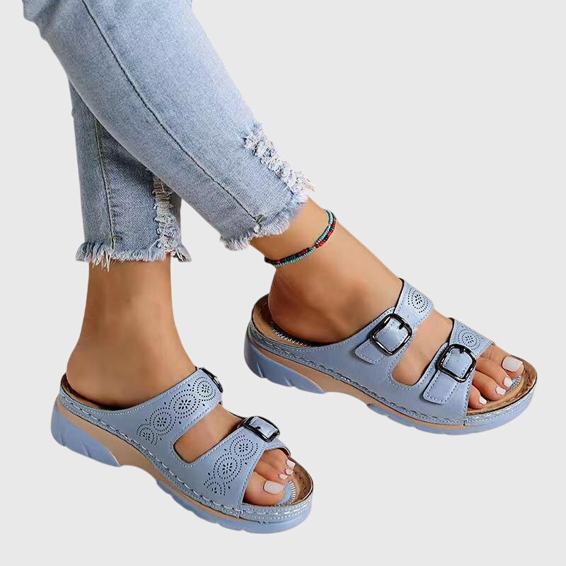 Diora women leather wedge sandals with memory foam insoles and arch support