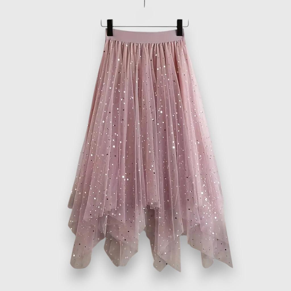 Claire high-waisted skirt featuring gathered hem with sparkling sequin details