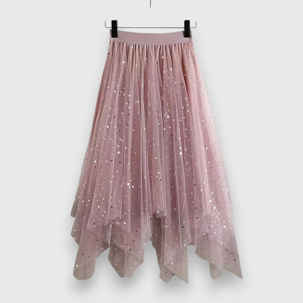 Claire high-waisted skirt featuring gathered hem with sparkling sequin details