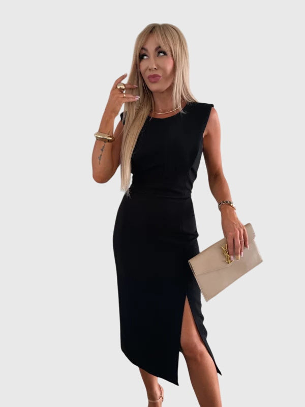 Lula Front-Slit Bodycon Midi Dress featuring structured shoulders and a front leg slit