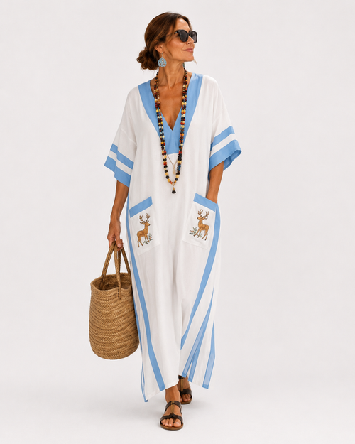 Alba light white caftan with thin blue stripes