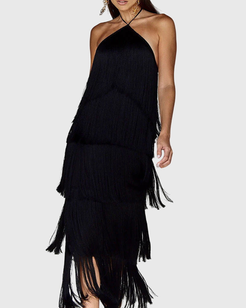 Saddie Halter Fringe Party Dress