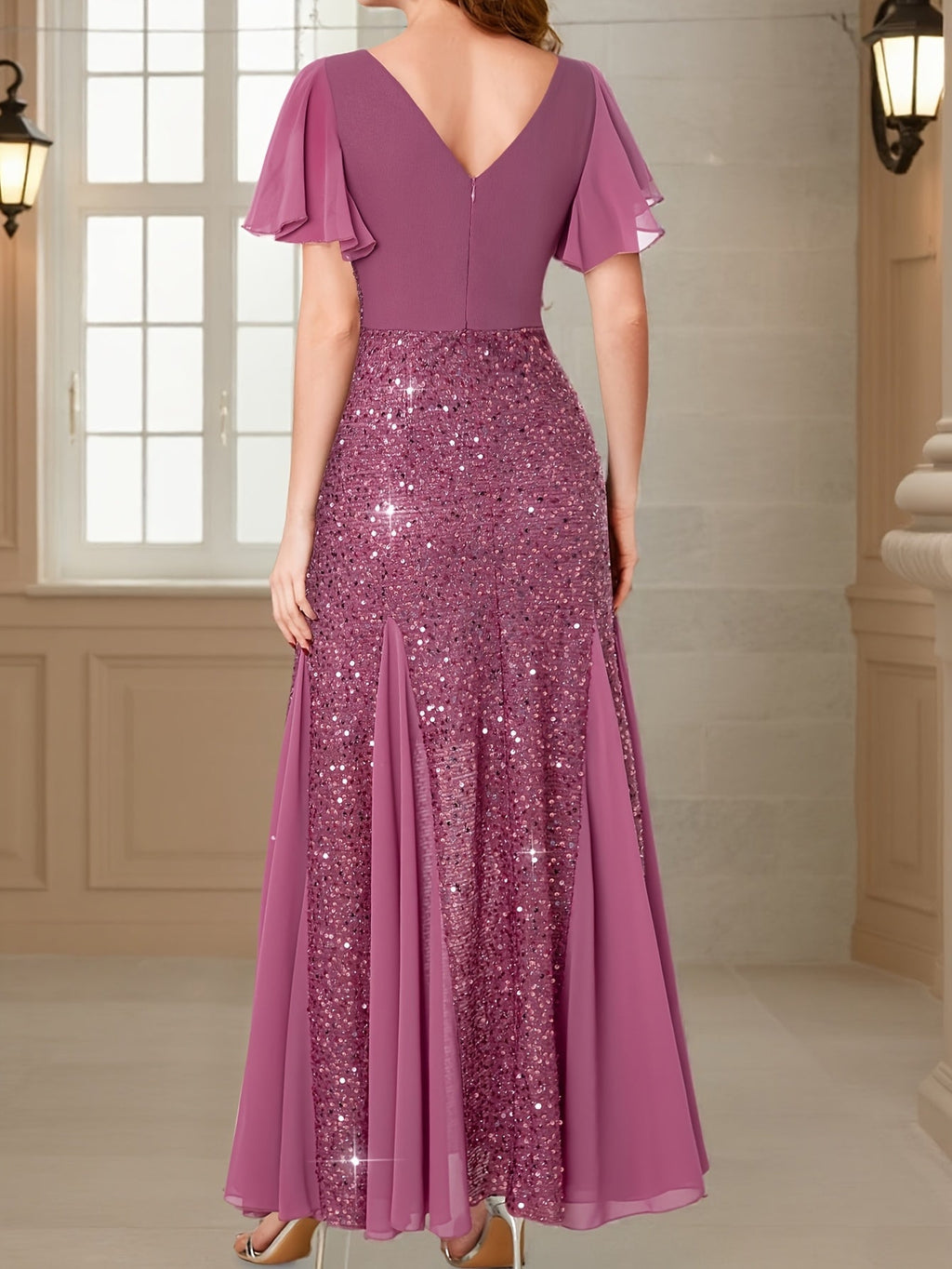 Eleanor Flutter-Sleeve Shimmer Holiday Dress