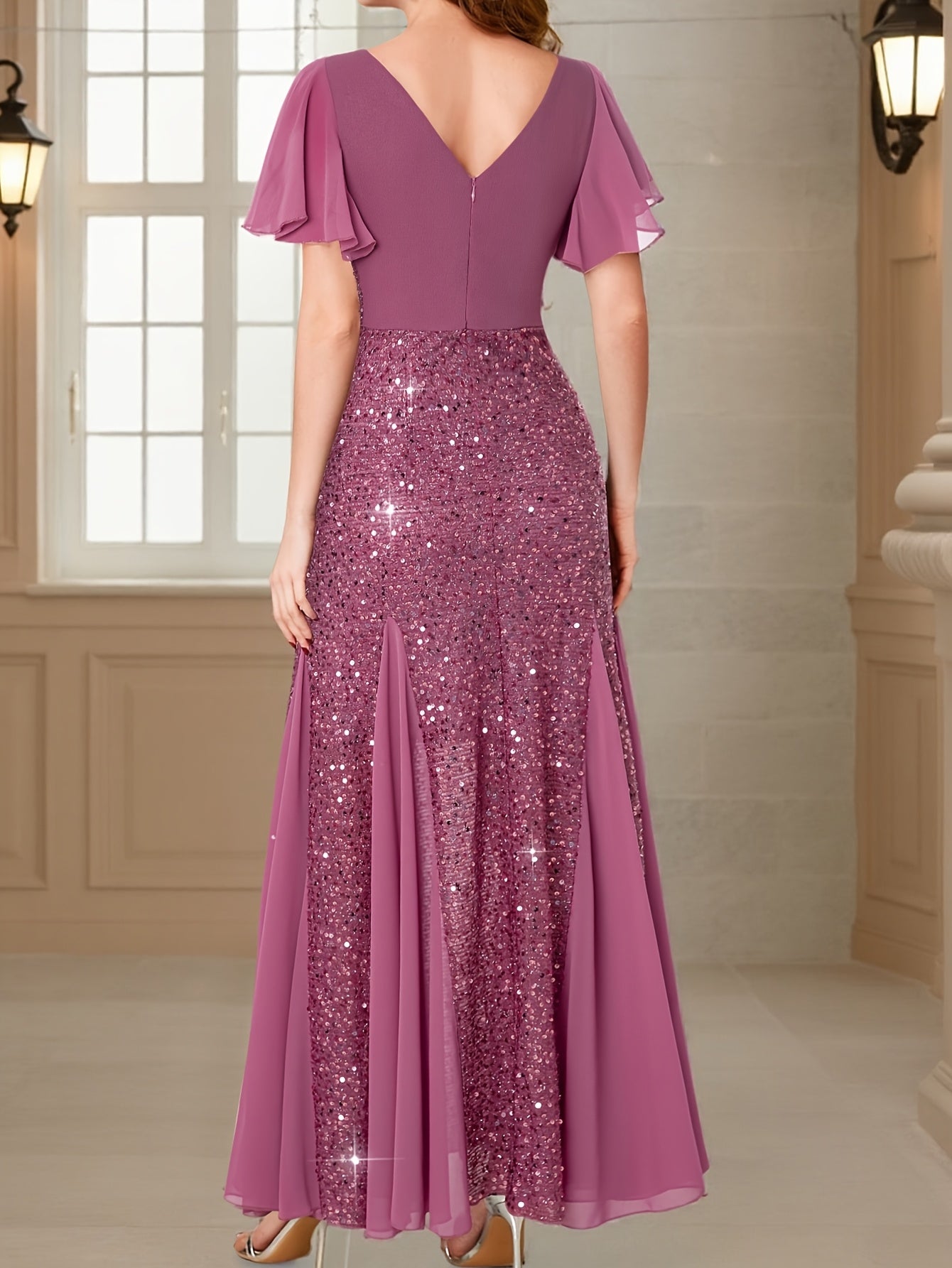 Eleanor Flutter-Sleeve Shimmer Holiday Dress