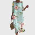 Martine women elegant floral maxi dress with flowing skirt and botanical print