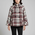 Beatrice plaid cape jacket showing double-breasted buttons and wide draped cape sleeves.