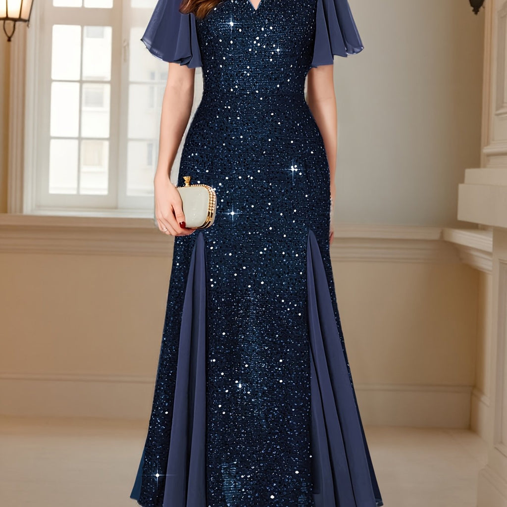 Eleanor Flutter-Sleeve Shimmer Holiday Dress