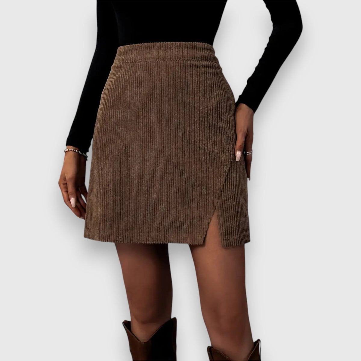 Clemence ribbed corduroy skirt with subtle front slit detail