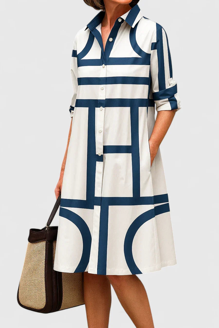 Front profile of the Greta minimalist structured midi dress highlighting its clean lines