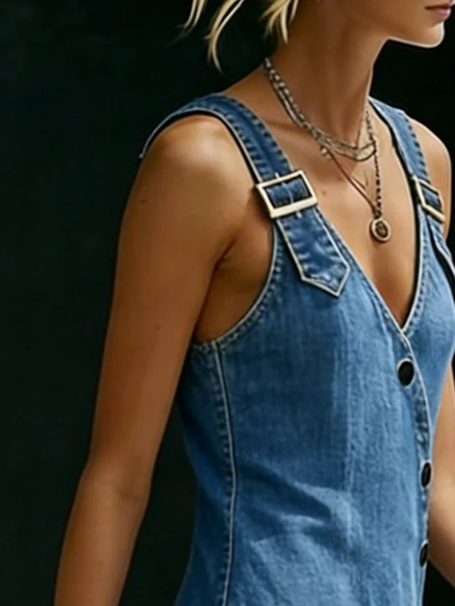 Lalie - Button-Front Long Denim Dress