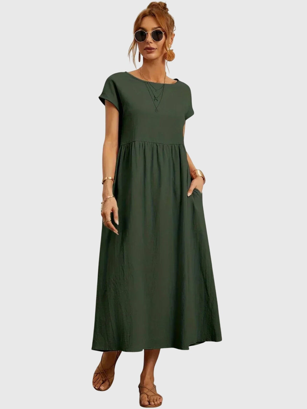 Giselle Casual Pocket Midi Dress in relaxed fit with practical side pockets