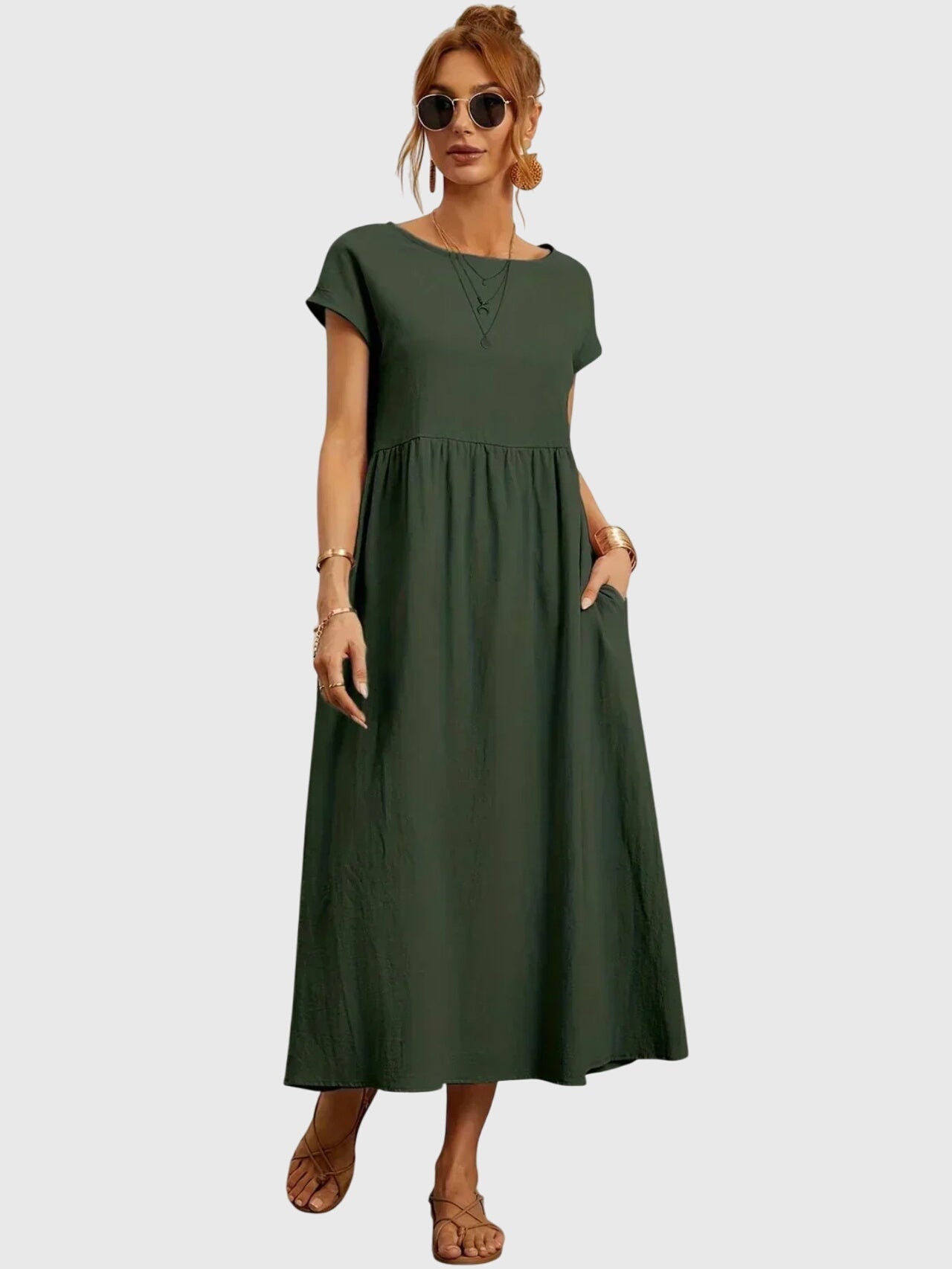 Giselle Casual Pocket Midi Dress in relaxed fit with practical side pockets