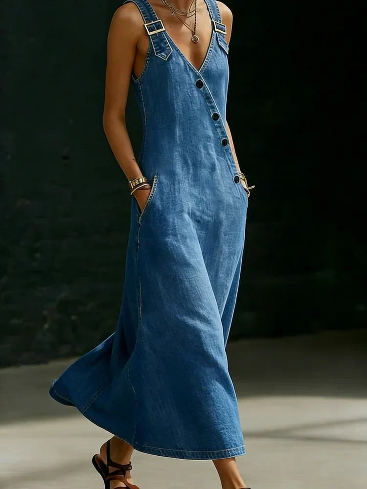 Lalie - Button-Front Long Denim Dress
