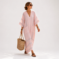 Soraya long pink caftan dress with vertical slimming stripes