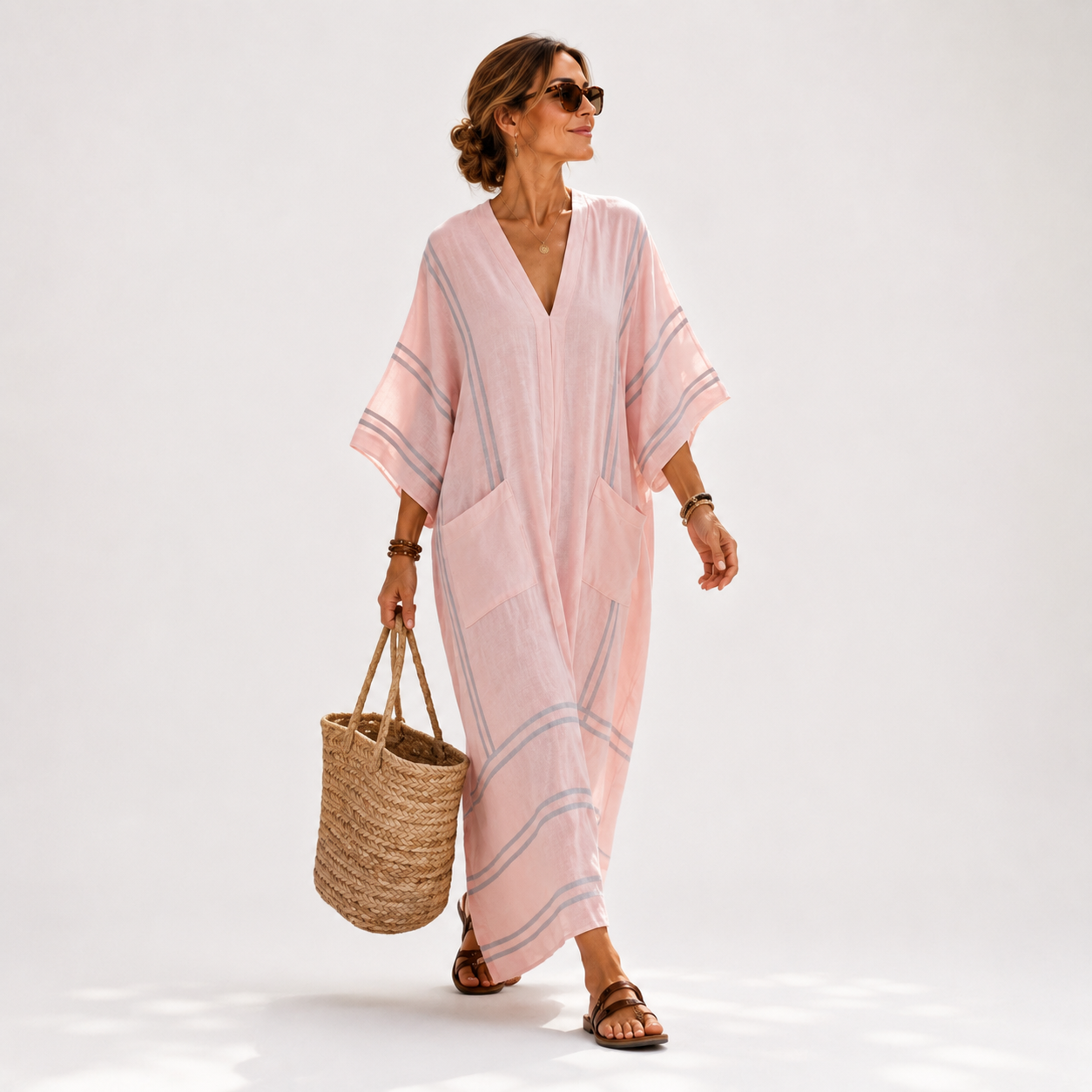 Soraya long pink caftan dress with vertical slimming stripes