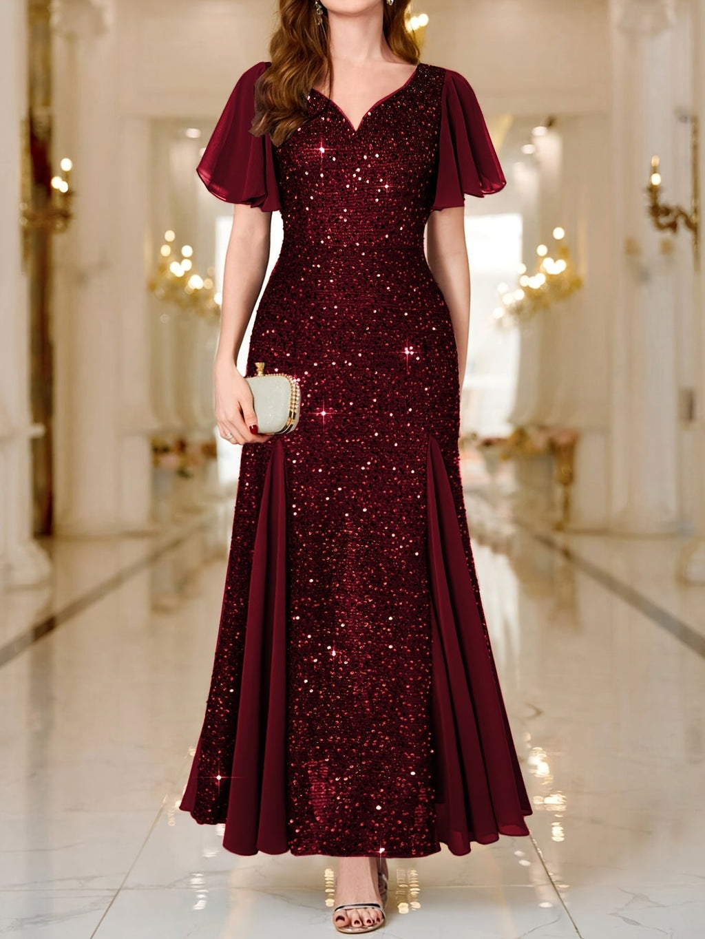 Eleanor Flutter-Sleeve Shimmer Holiday Dress