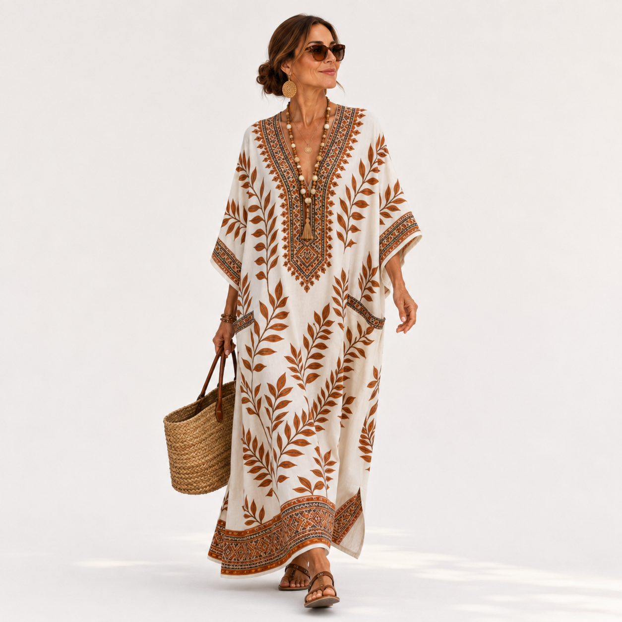 Nora elegant cream caftan with subtle botanical print