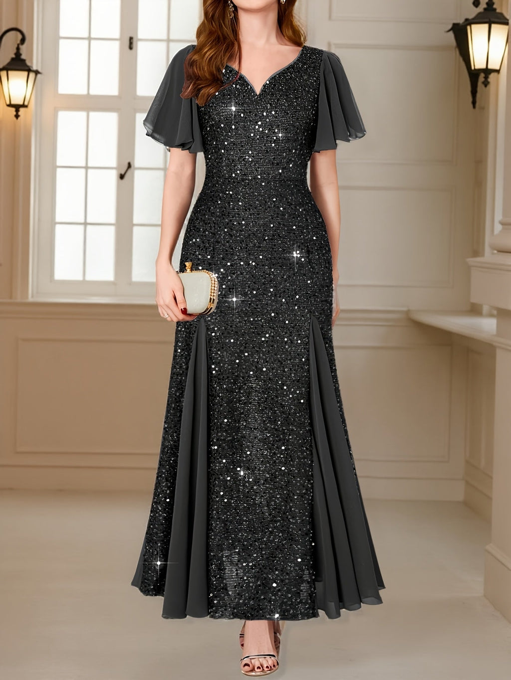 Eleanor Flutter-Sleeve Shimmer Holiday Dress