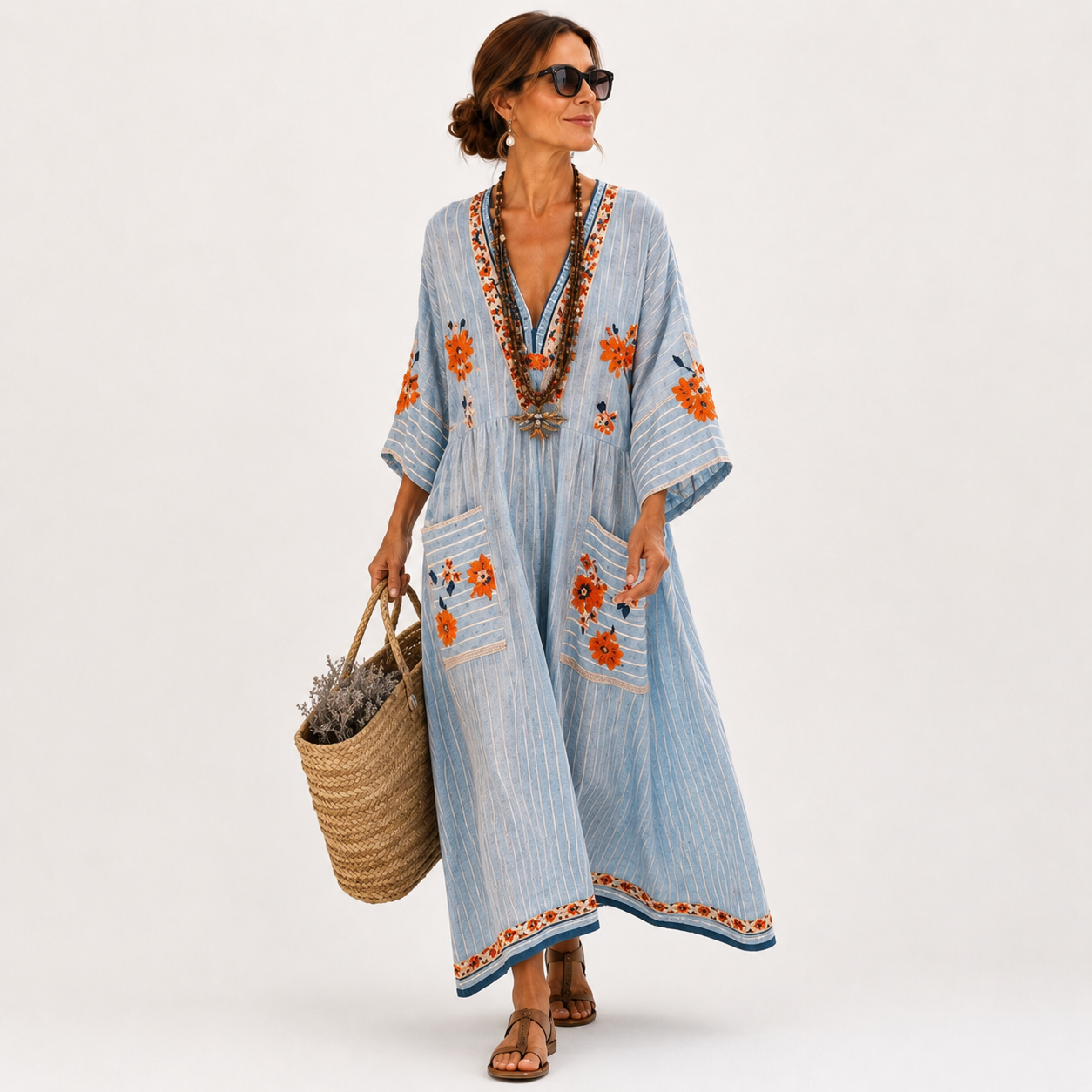 Marina long blue caftan dress with detailed embroidery