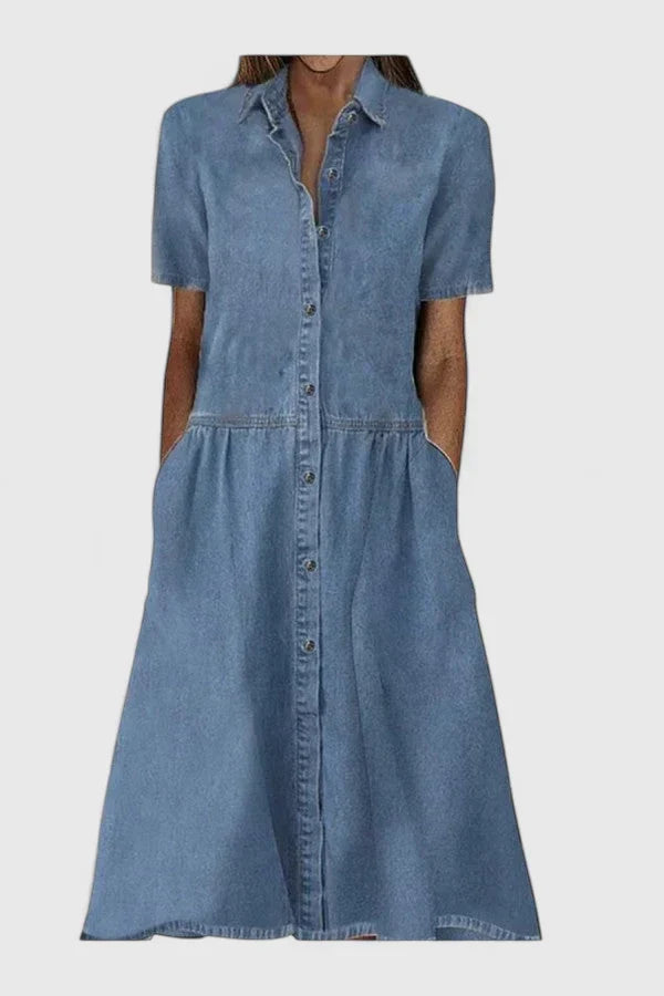 Allyssia Button-Front Denim Dress in classic denim weave with front button closure