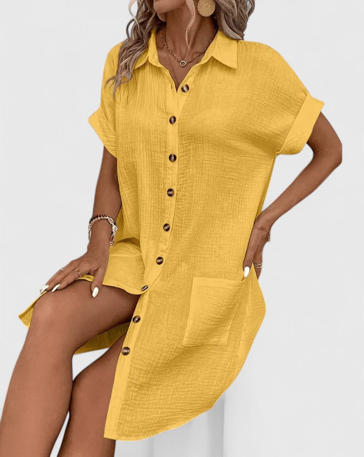 Casual summer style of the Gemma dress shown in an effortless outdoor setting