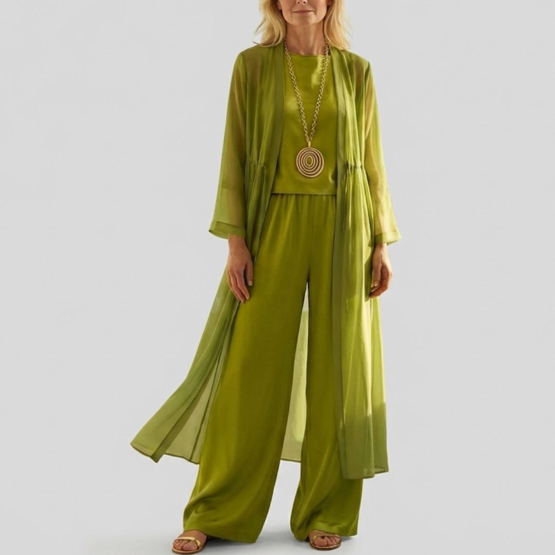 Elvira chic 3-piece set with sleeveless top, pants, and cardigan