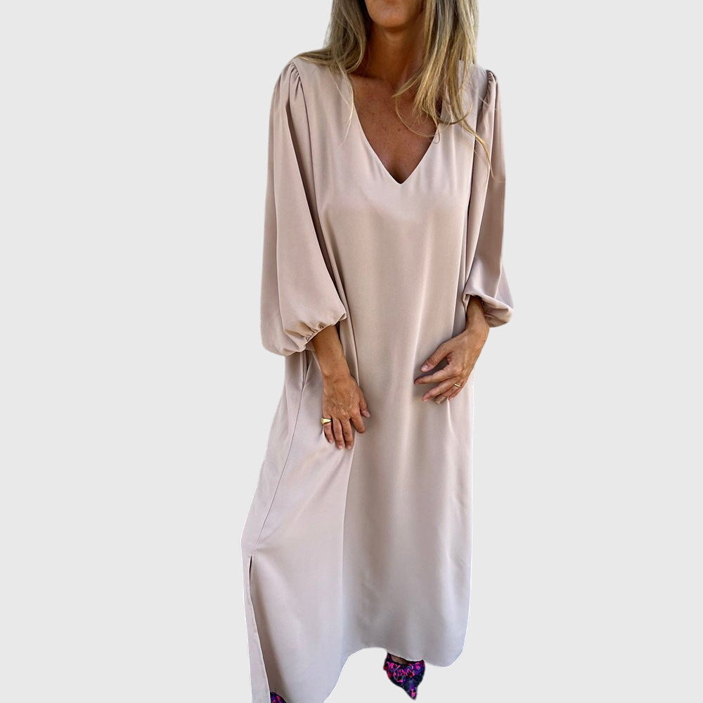 Carol boho split maxi dress showing the side slit detail and functional pockets