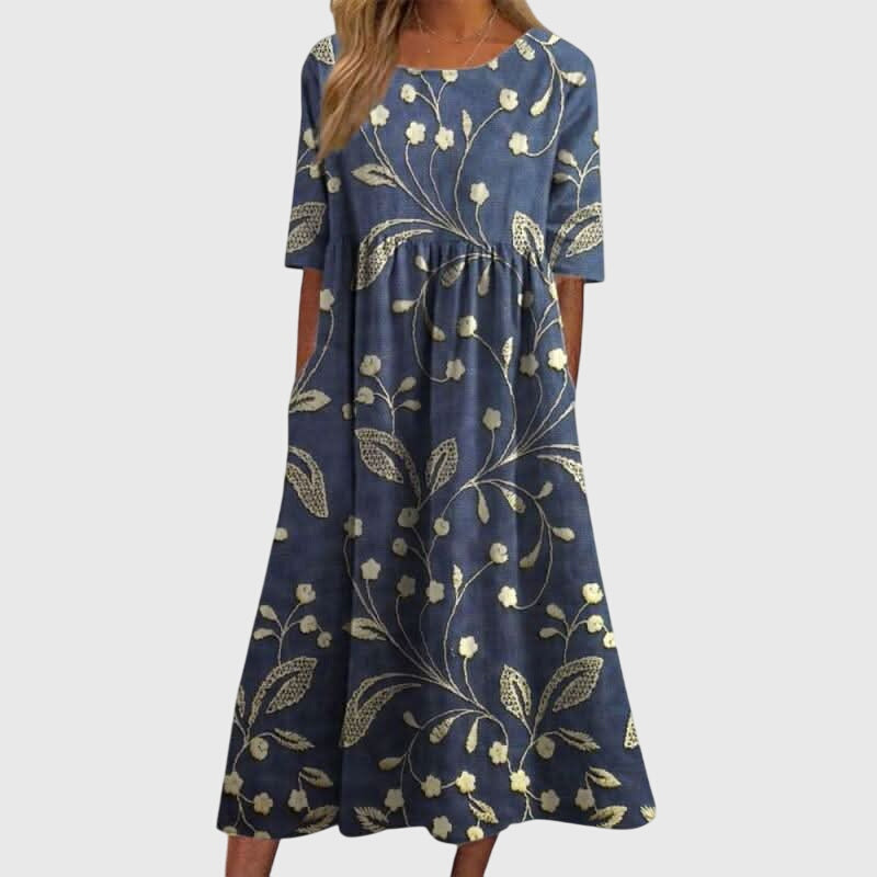Djala Embroidered Relaxed-Fit Dress with fine embroidery details along the neckline